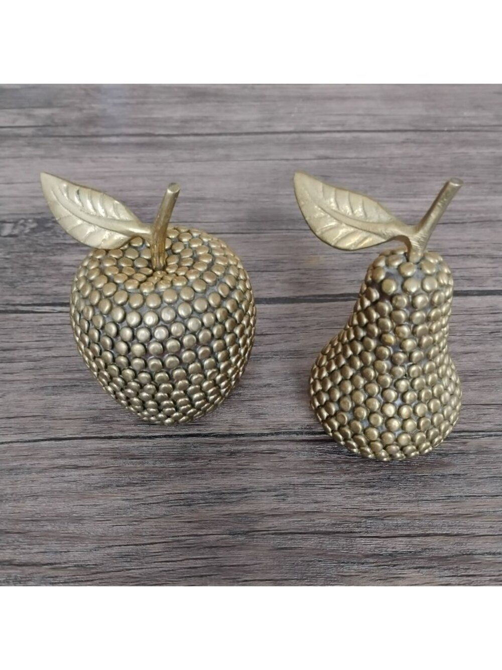 Vintage Brass Studded Apple and Pear Set, Mid Century Modern Beaded Fruit Decor